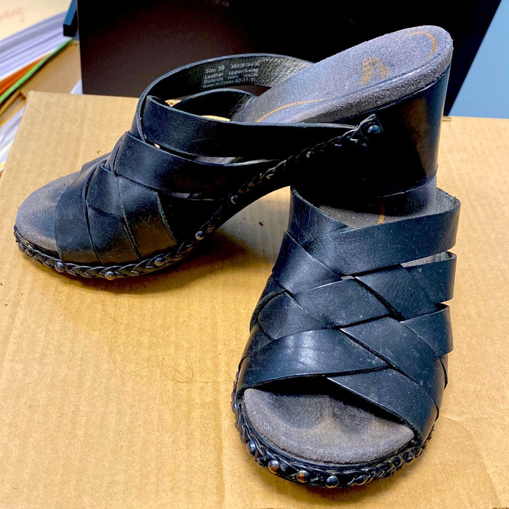 Dansko braided leather wedge open toed clogs